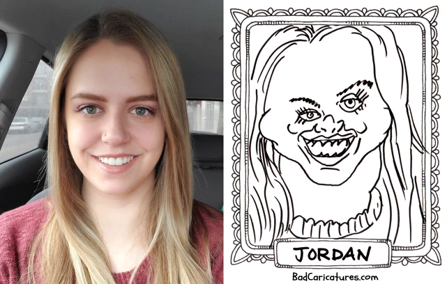 A photo of Jordan next to a bad caricature of them