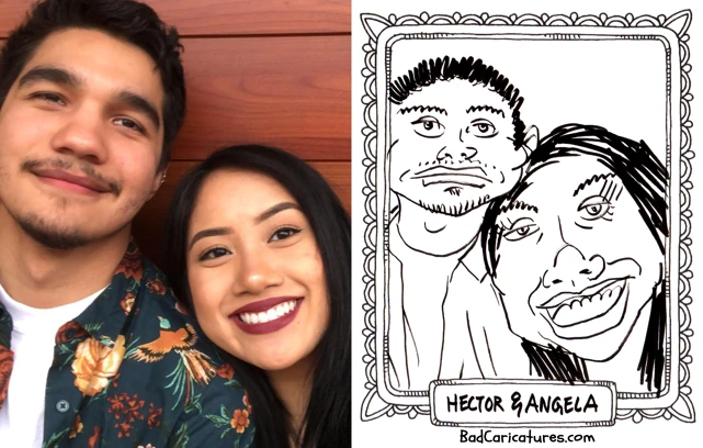 A photo of Hector & Angela next to a bad caricature of them
