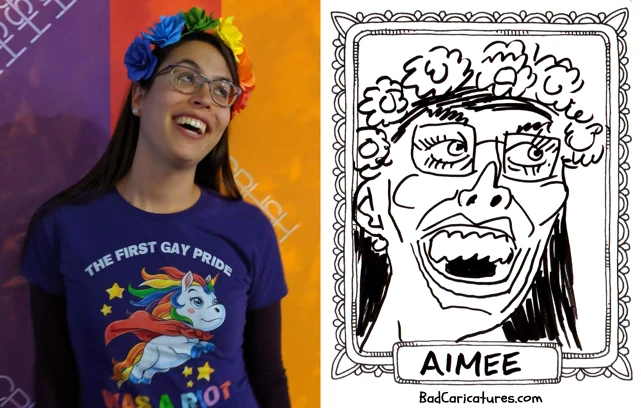 A photo of Aimee next to a bad caricature of them