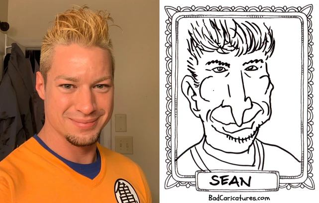 A photo of Sean next to a bad caricature of them