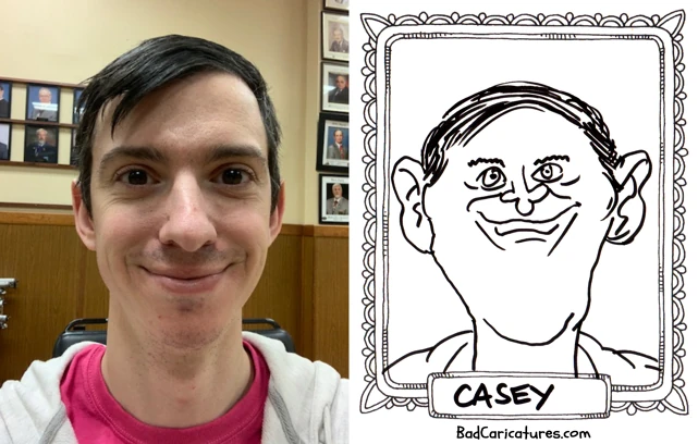 A photo of Casey next to a bad caricature of them