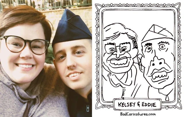 A photo of Kelsey & Eddie next to a bad caricature of them