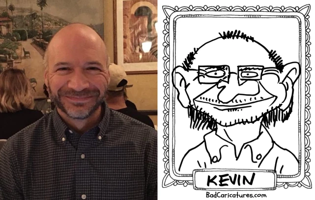 A photo of Kevin next to a bad caricature of them