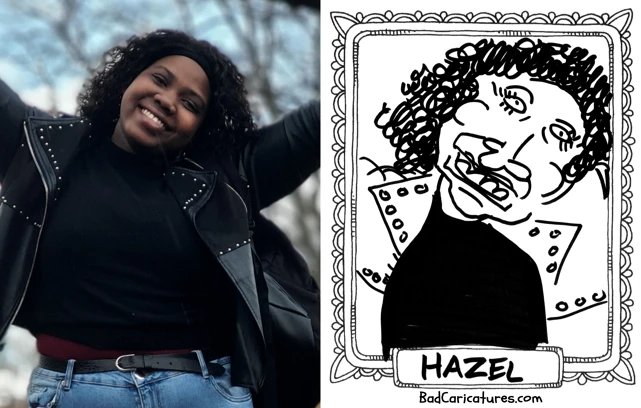 A photo of Hazel next to a bad caricature of them