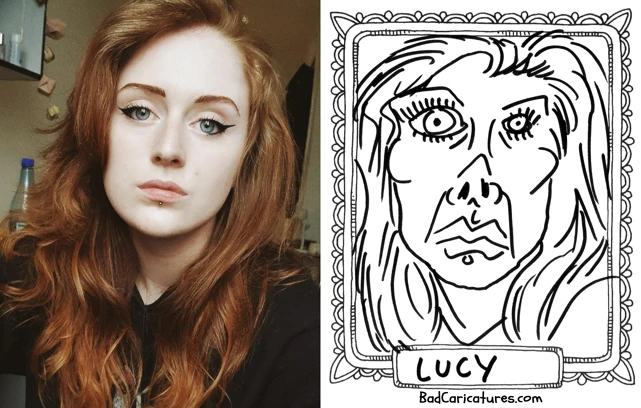 A photo of Lucy next to a bad caricature of them